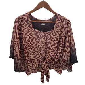 Daytrip Womens M Burgundy Cream Chevron Ikat Tie Front Sheer Boho Kimono Top